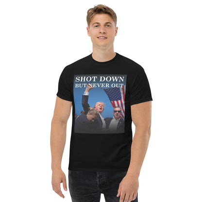 Shot Down But Never Out - OFFICIAL T-Shirt - White Text Variation