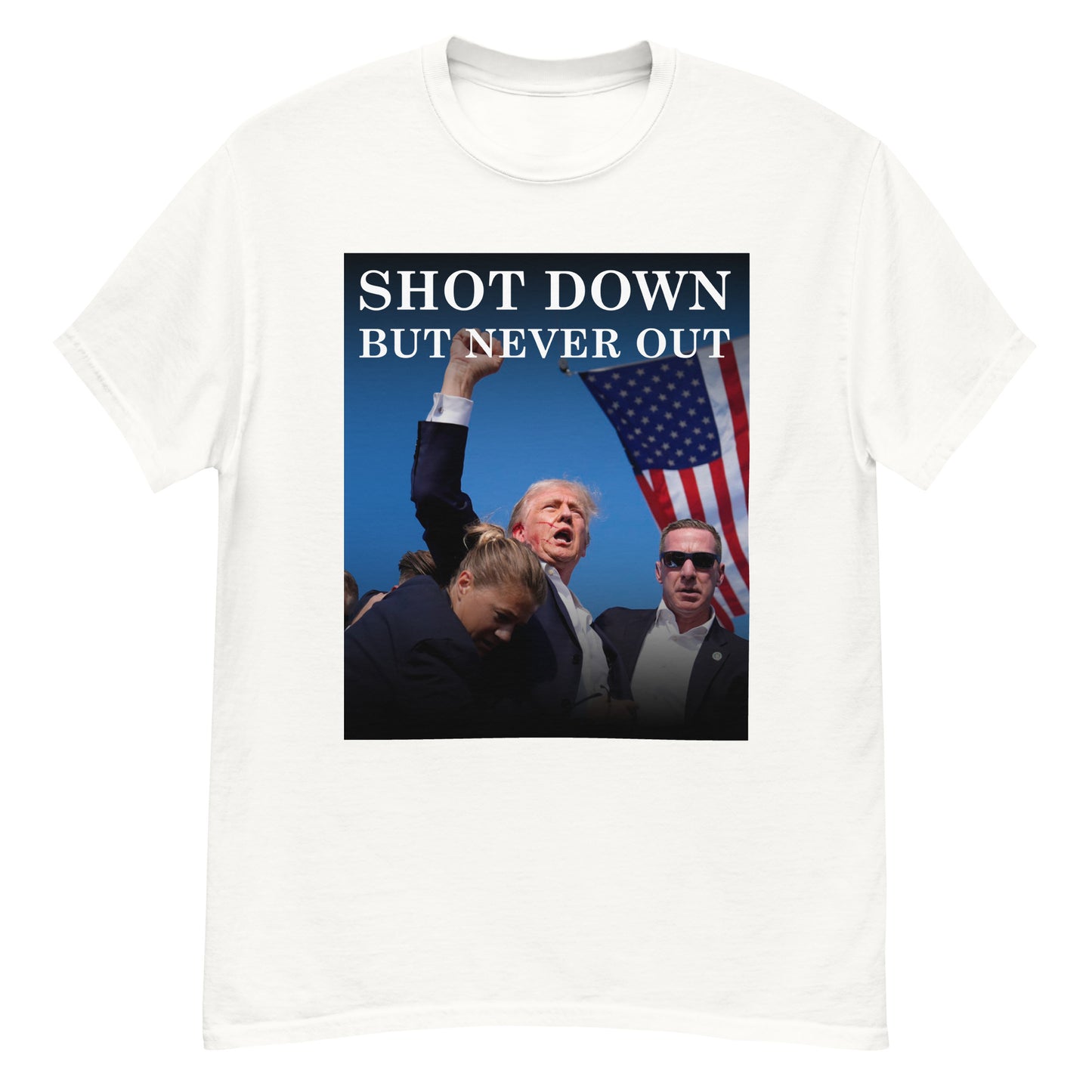 Shot Down But Never Out - OFFICIAL T-Shirt - White Text Variation